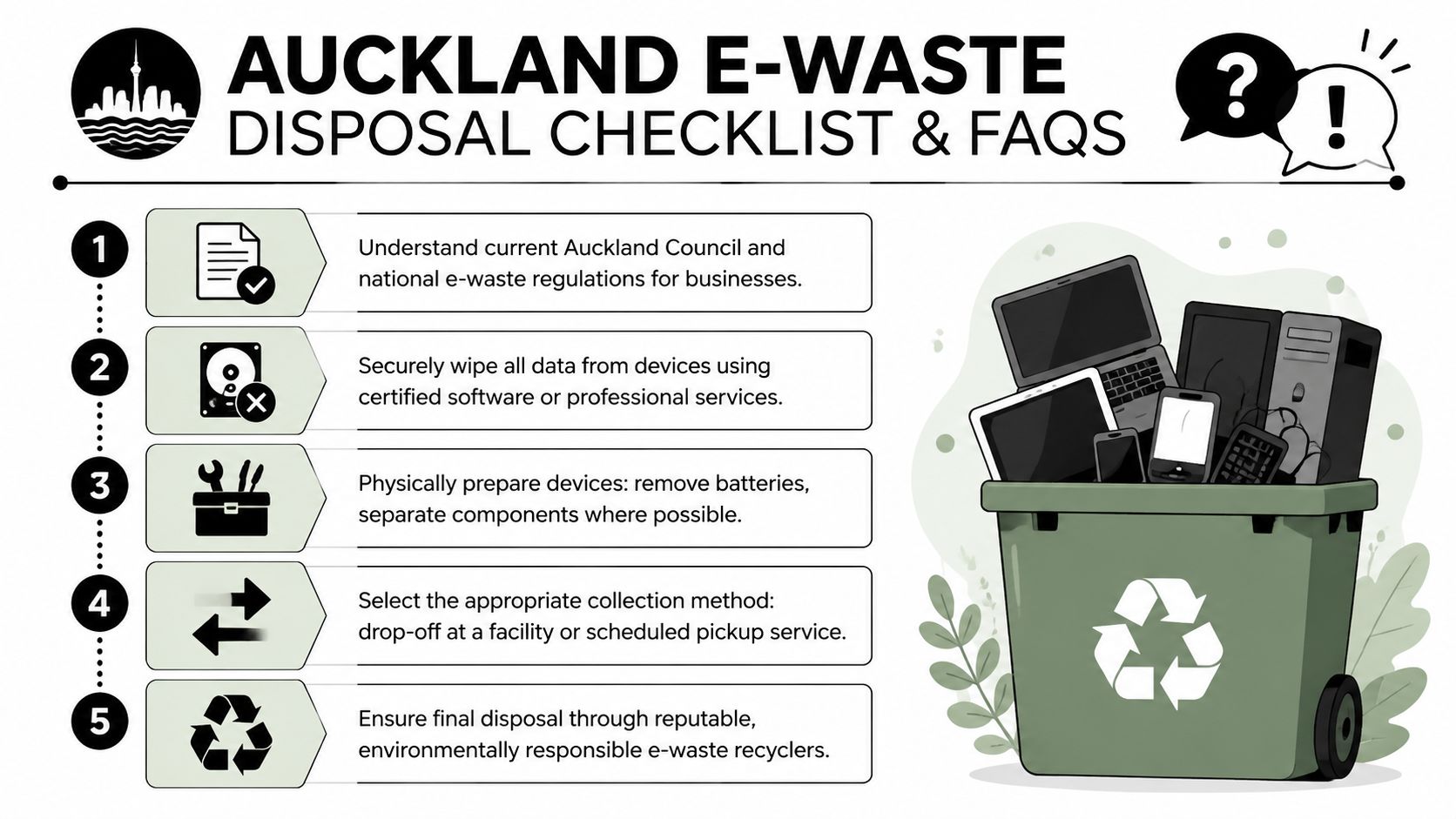 An infographic titled Auckland E-Waste Disposal Checklist and FAQs showing five steps for recycling electronics safely.