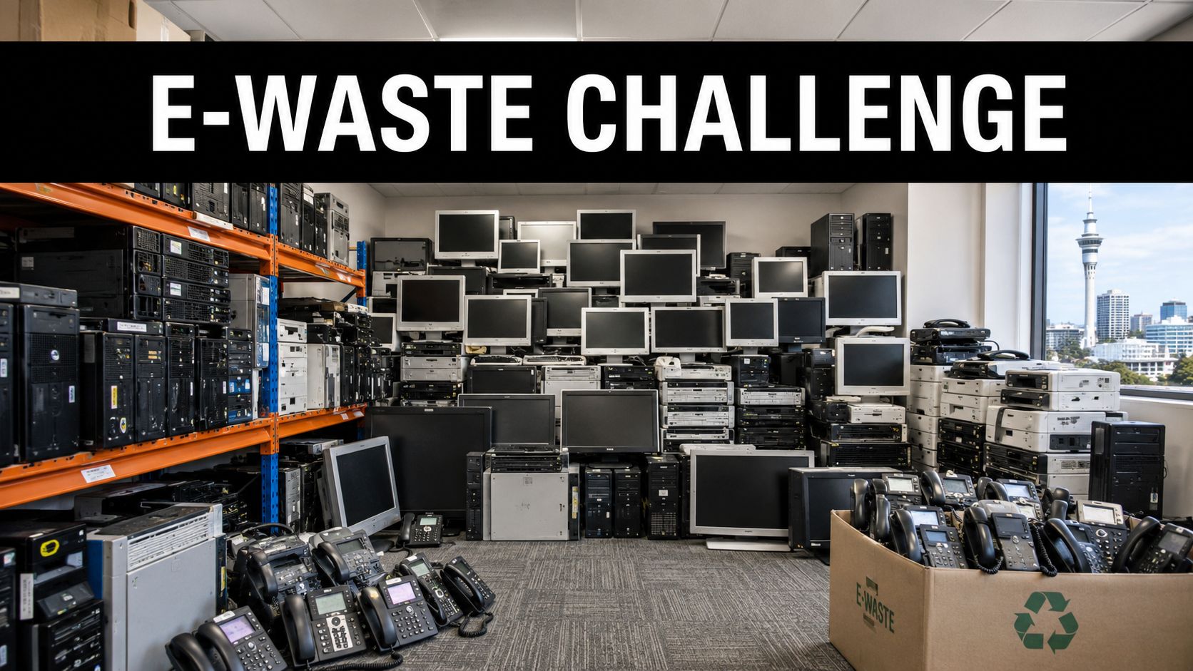 A room filled with various e-waste electronics including computer monitors, towers, and office phones for collection.