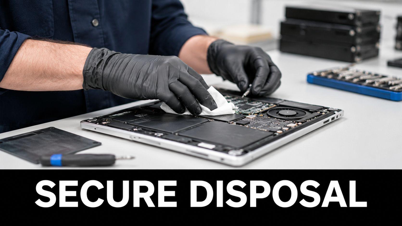 A technician wearing black gloves cleans internal electronic components of a disassembled laptop for secure data disposal.