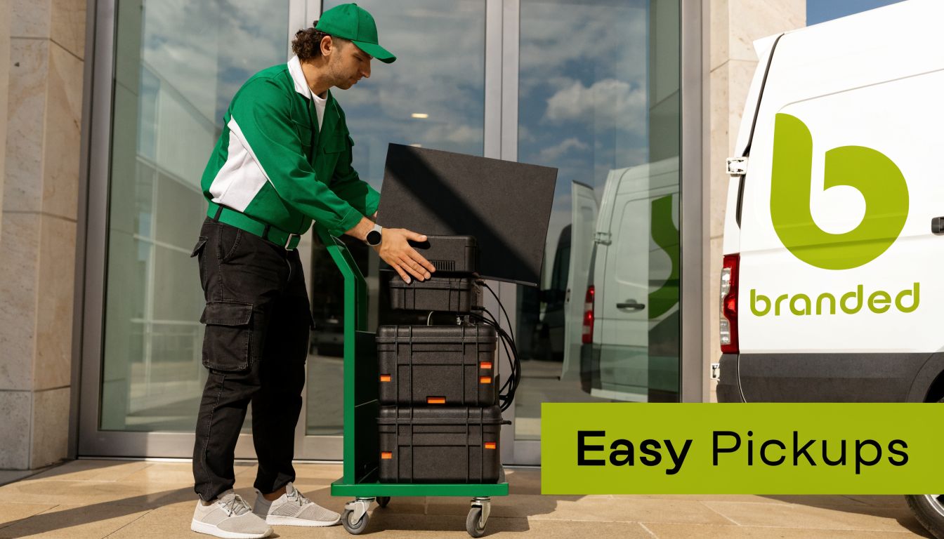 A professional delivery worker loading black equipment cases onto a trolley outside a modern office building.