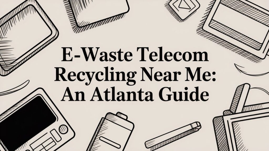 Hand-drawn electronics frame the phrase "E-Waste Telecom Recycling Near Me: An Atlanta Guide" in bold text.