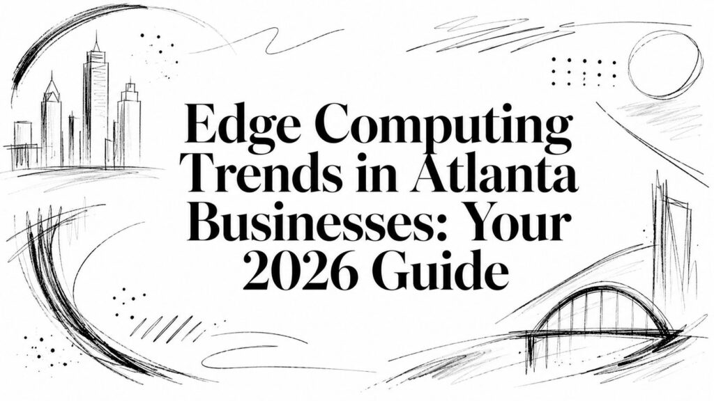 Text "Edge Computing Trends in Atlanta Businesses: Your 2026 Guide" overlays a sketched city skyline.