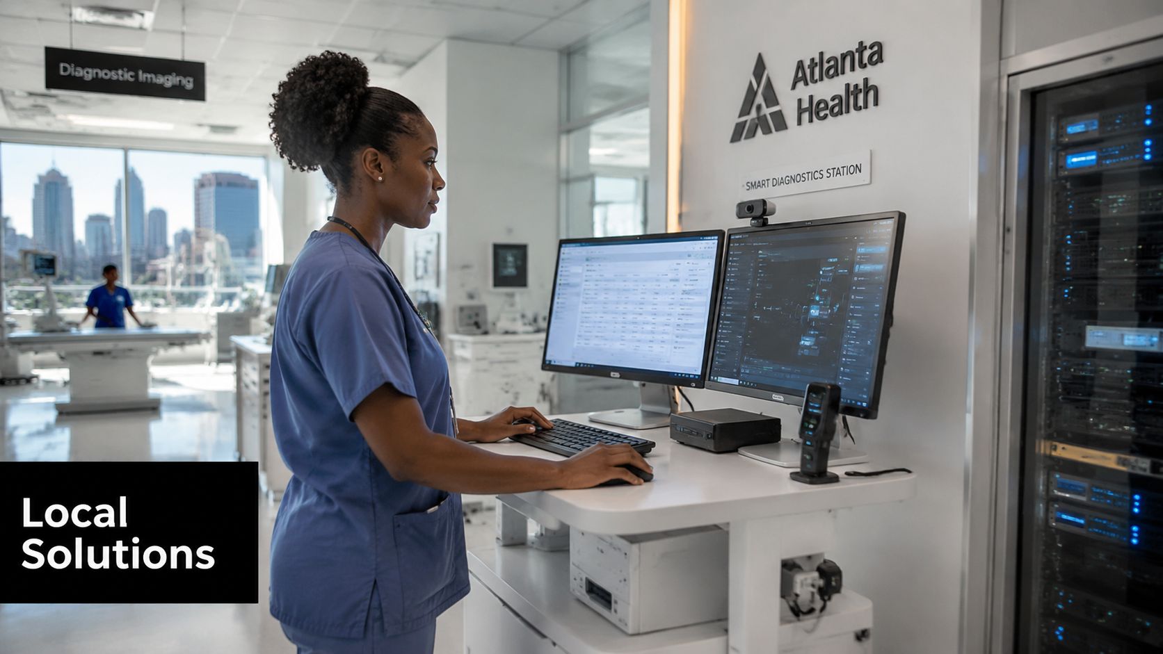 A medical professional at a diagnostic station in an Atlanta hospital utilizing edge computing technology.