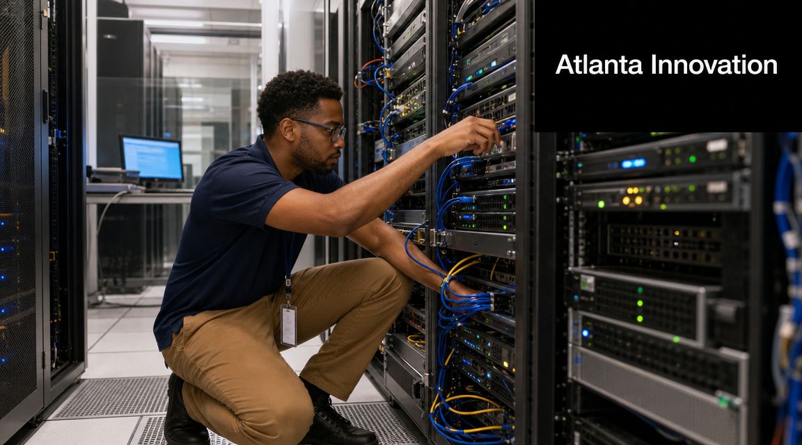 An IT technician in a data center works on server rack cabling for edge computing infrastructure services.
