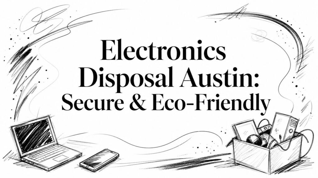 Sketch shows a laptop and device box with "Electronics Disposal Austin: Secure & Eco-Friendly" text.