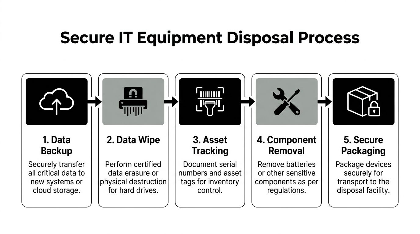 A flowchart showing the five steps of a secure IT equipment disposal process including data backup and destruction.