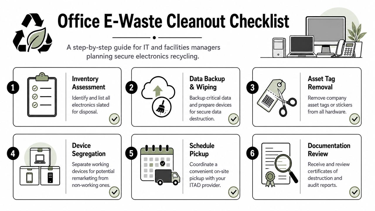 A six-step checklist for IT and facilities managers to follow when planning secure office electronics recycling.