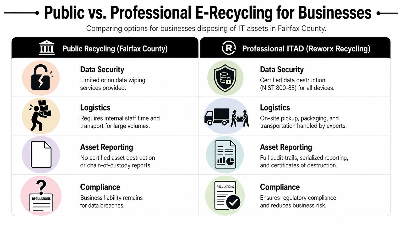 A comparison chart showing benefits of professional ITAD services versus public recycling for business electronics in Fairfax County.