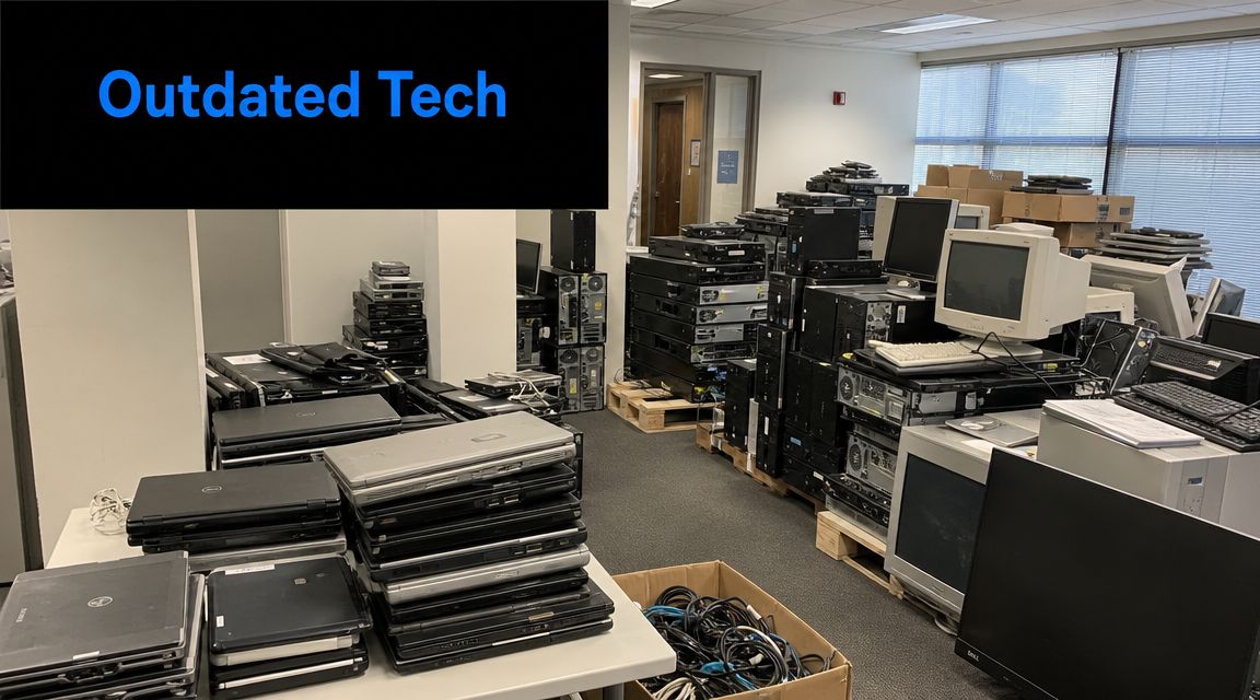 A storage room filled with stacks of outdated laptops, desktop computers, and electronic cables waiting for recycling.