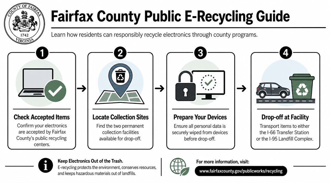 A four-step infographic explaining the process for safely recycling electronics in Fairfax County, Virginia.
