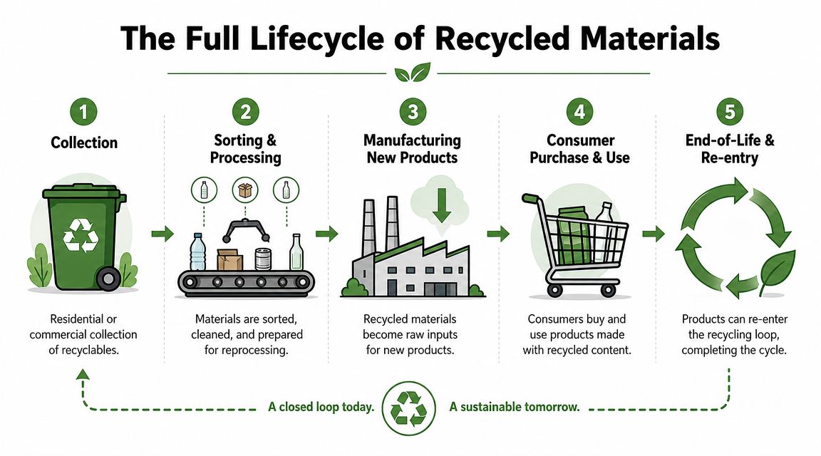 An infographic showing the five-step circular lifecycle process of recycling materials for a sustainable future.