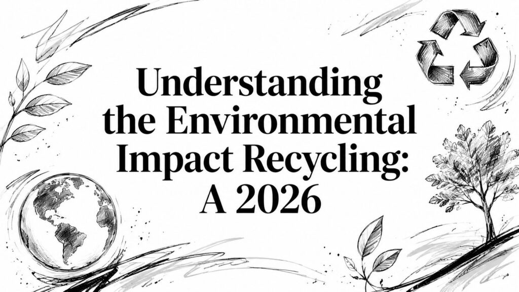 Black and white graphic shows text about recycling in 2026 with plants, earth, and a recycle icon visible.