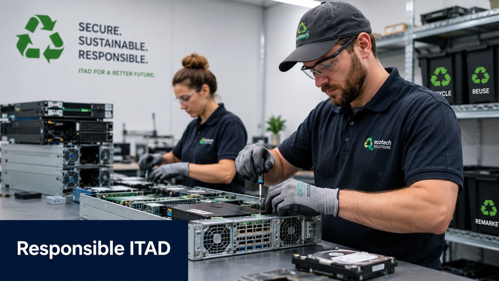 Two technicians in branded shirts working on computer server hardware in a sustainable recycling facility.