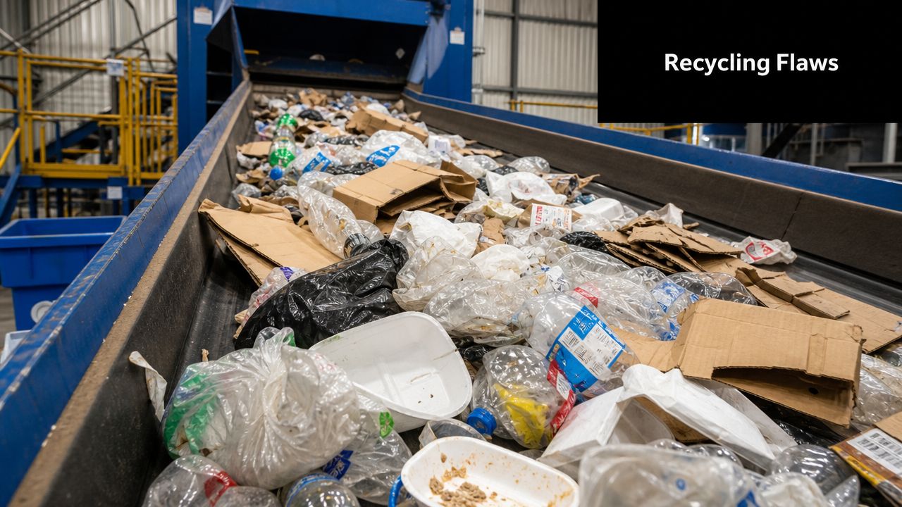 A large conveyor belt at a recycling facility carries mixed plastic waste, cardboard, and various household refuse.