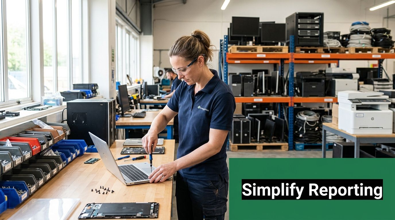 A technician repairing a laptop in a computer hardware refurbishment and electronics recycling facility.