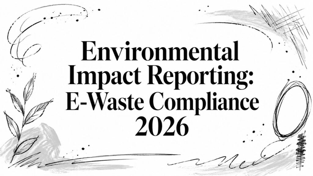 The text "Environmental Impact Reporting: E-Waste Compliance 2026" appears with abstract black sketches.