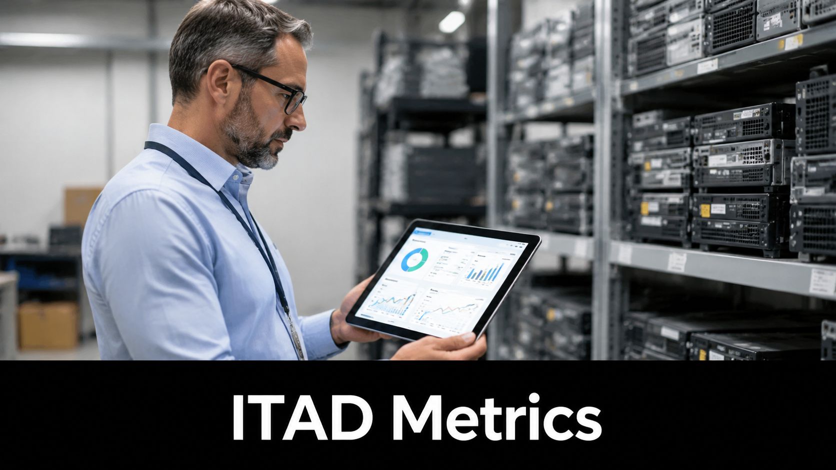 A professional IT technician reviewing data analytics on a digital tablet in a server room environment.