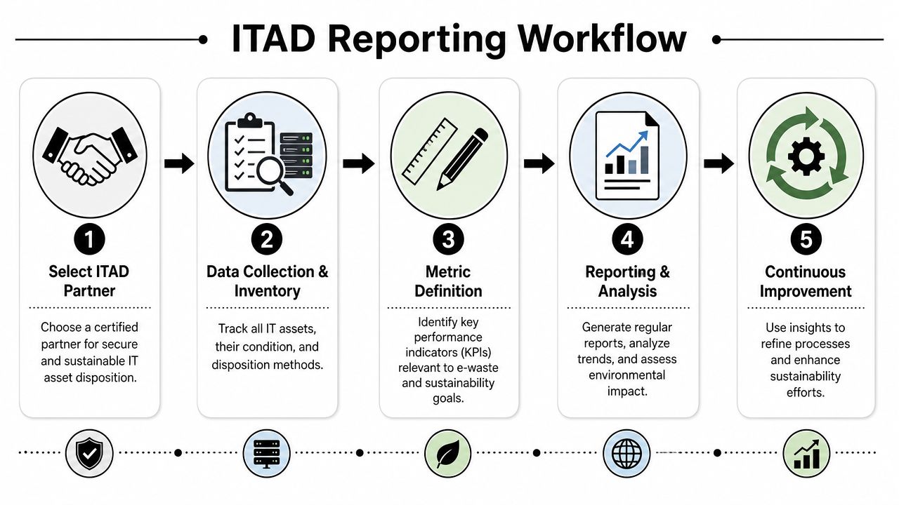 A flowchart diagram illustrating the five-step process of an ITAD reporting workflow for sustainable asset management.