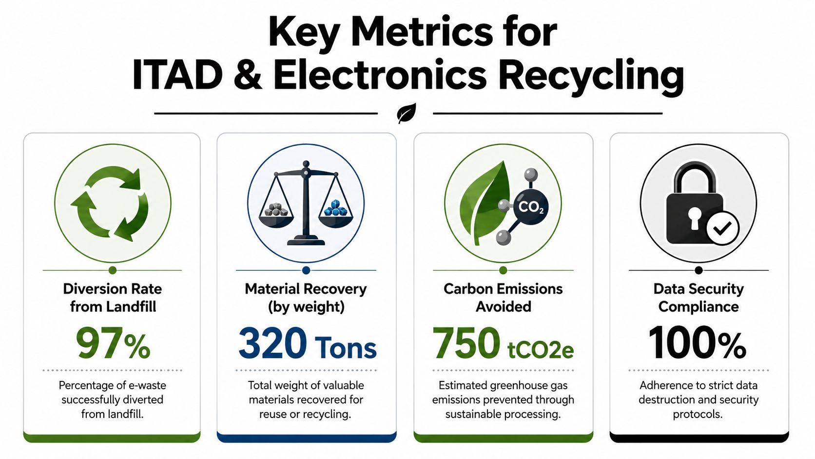 An infographic showing key performance metrics for ITAD and electronics recycling including diversion rates and emissions.