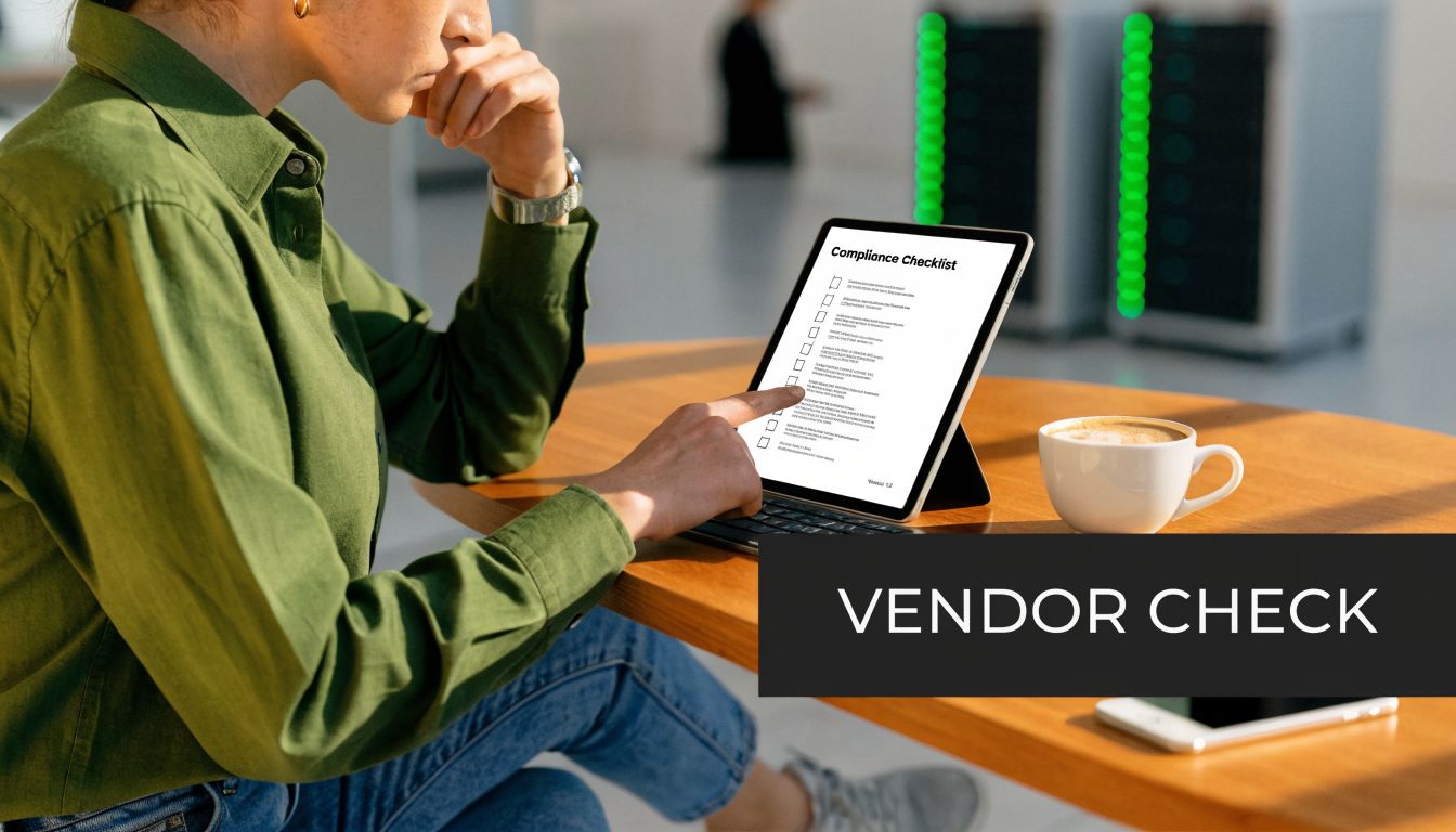 A professional reviewing a compliance checklist on a digital tablet at a desk near server equipment.