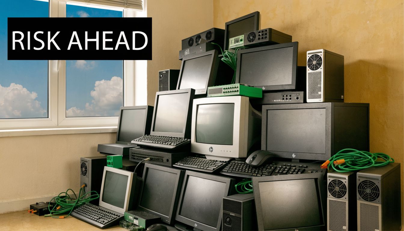 A large pile of old computer monitors, keyboards, and server equipment stacked against a yellow office wall.