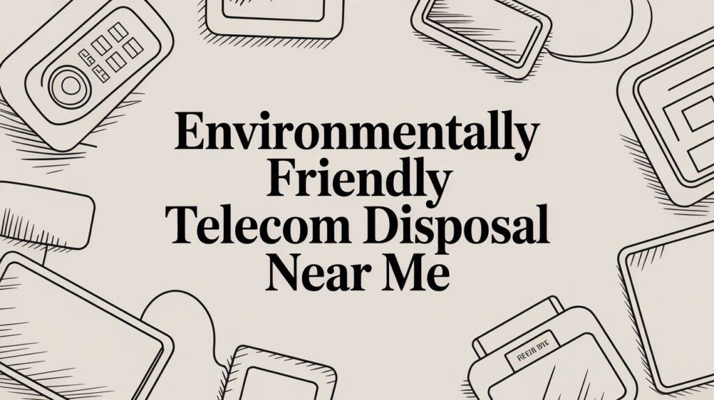 Environmentally Friendly Telecom Disposal Near Me" text framed by sketches of electronic devices.