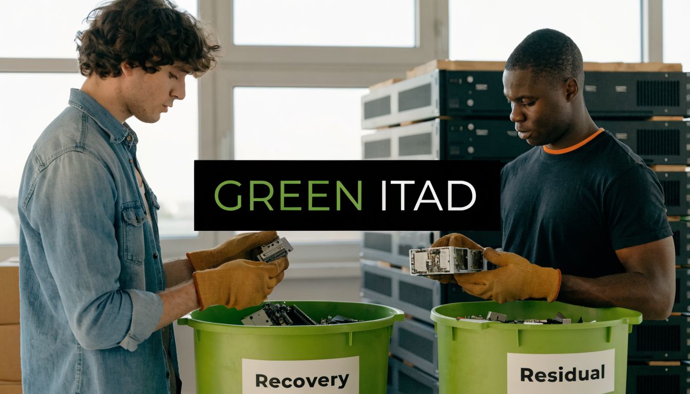 Two technicians wearing work gloves sorting electronic components into green bins labeled Recovery and Residual for recycling.
