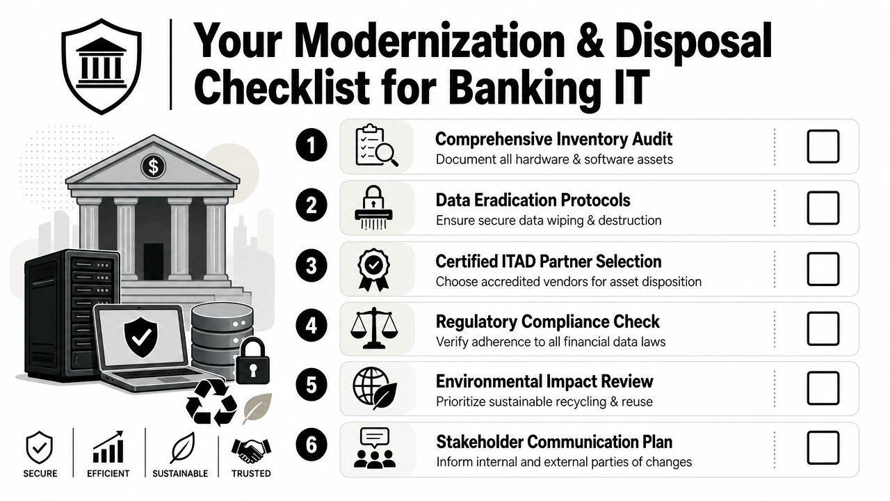 A six-step modernization and disposal checklist for banking IT systems, emphasizing security, compliance, and sustainable asset management.