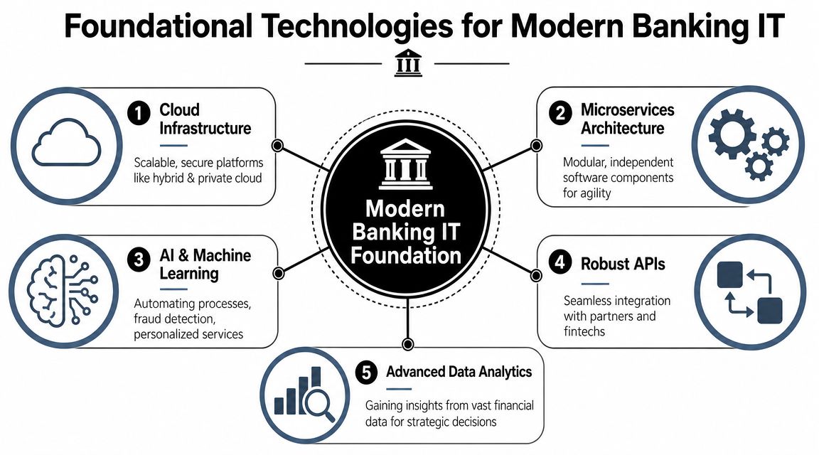 A diagram illustrating the five foundational technologies required for building a modern banking IT infrastructure system.