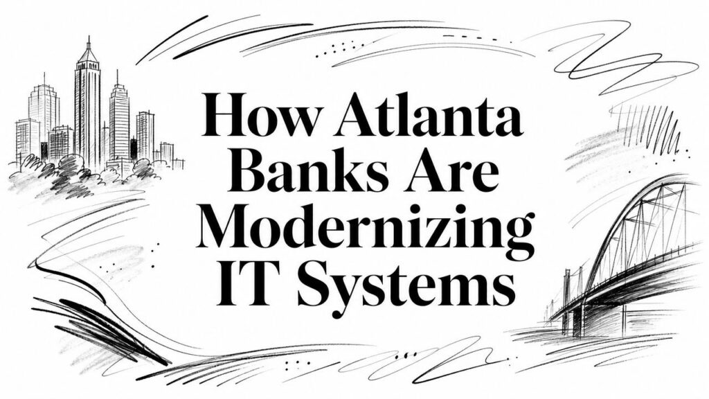 A sketched cityscape and bridge with the headline: “How Atlanta Banks Are Modernizing IT Systems.”