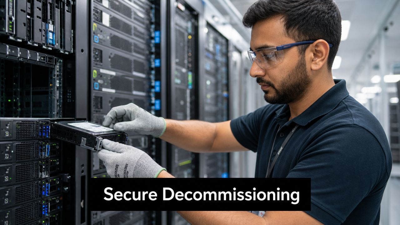A technician wearing safety gloves removes a server hard drive rack in a modern data center environment.