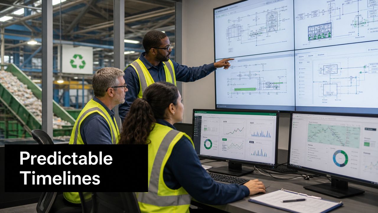 A diverse team of professionals in a modern facility reviewing data and technical diagrams on multiple screens.