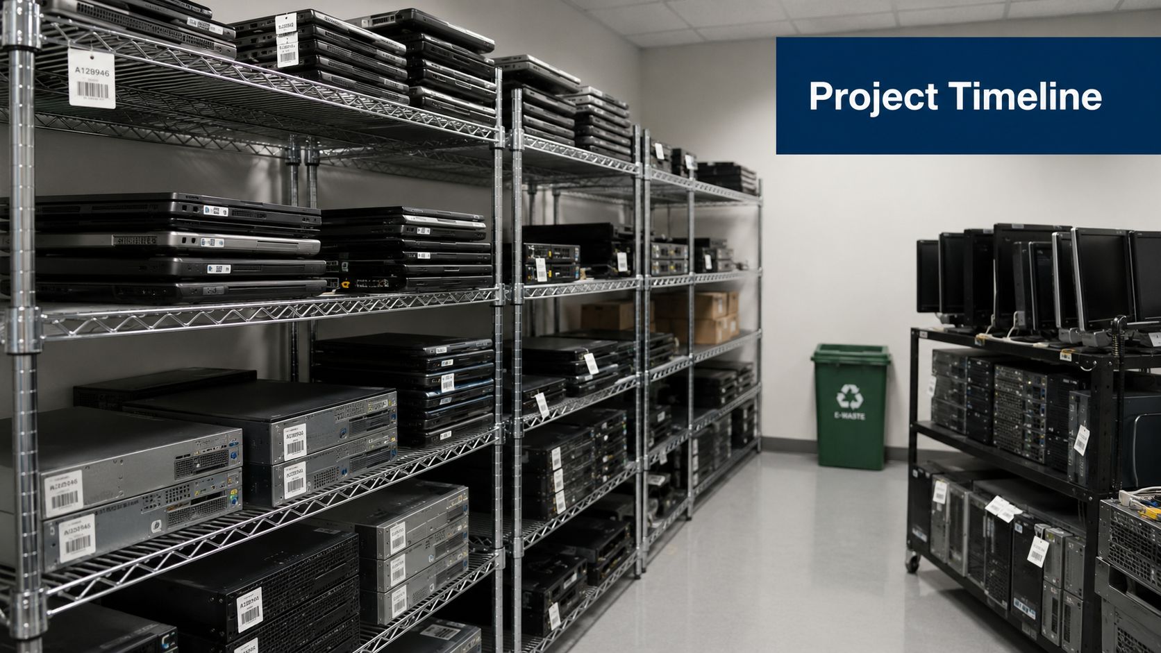 Shelves stacked with refurbished computer equipment and servers inside a storage facility for electronics recycling.