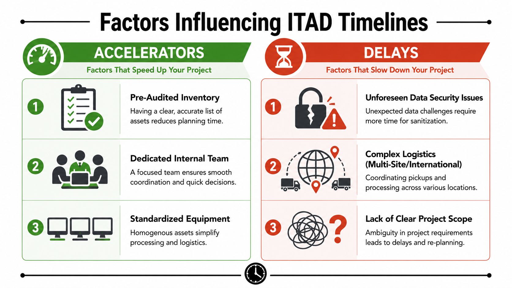 An infographic showing factors that can accelerate or delay ITAD (IT Asset Disposition) project timelines.