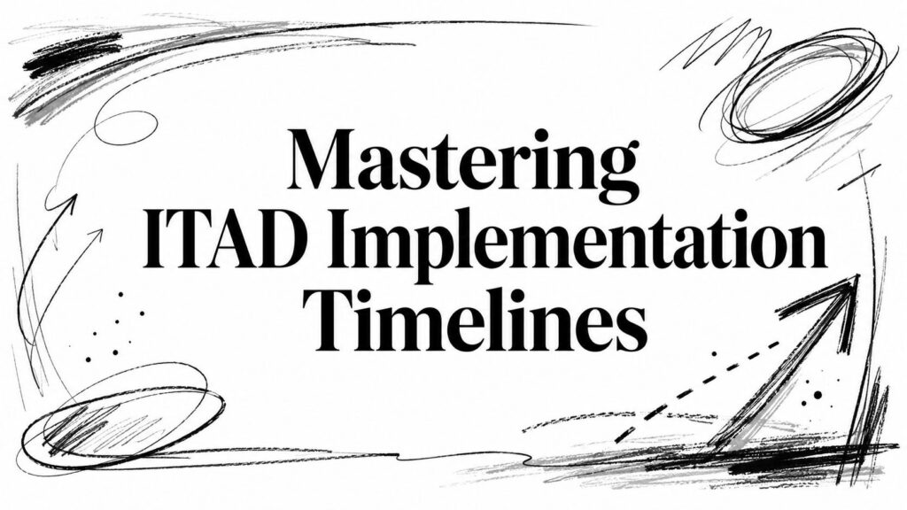 Mastering ITAD Implementation Timelines" is displayed on a white background with abstract black lines.