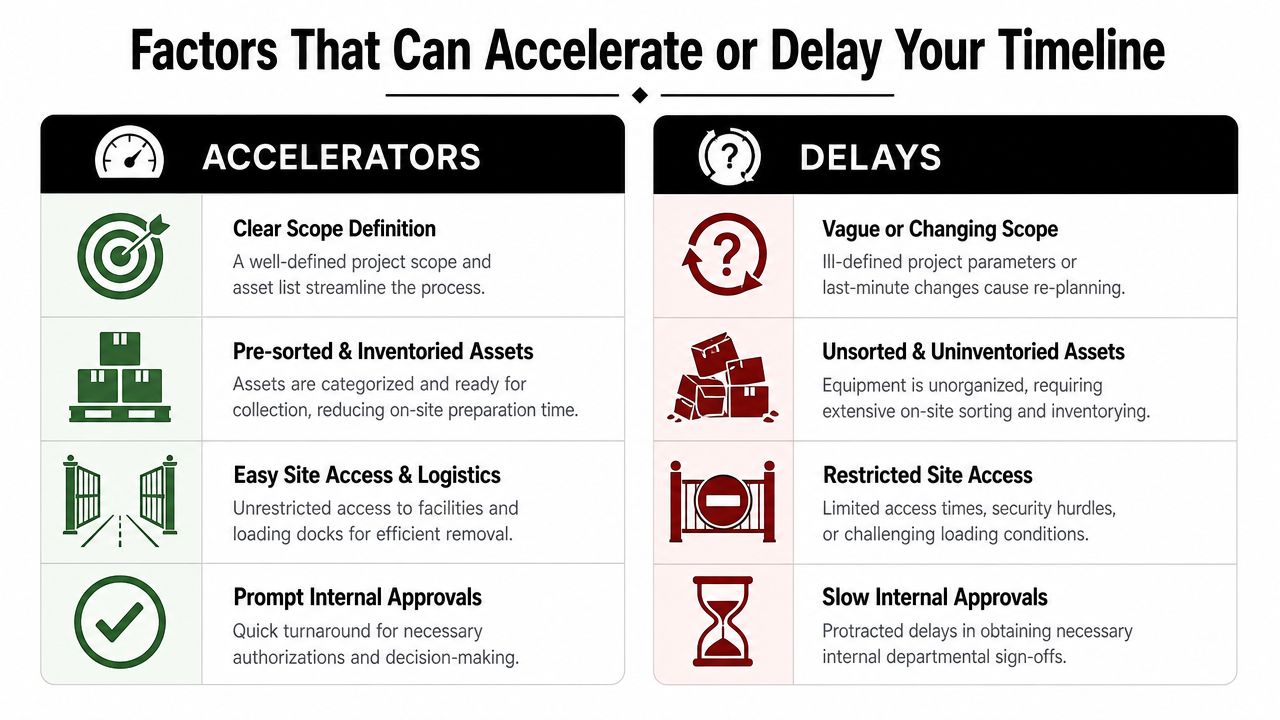 A comparison chart showing factors that can either accelerate or delay project implementation timelines in business.