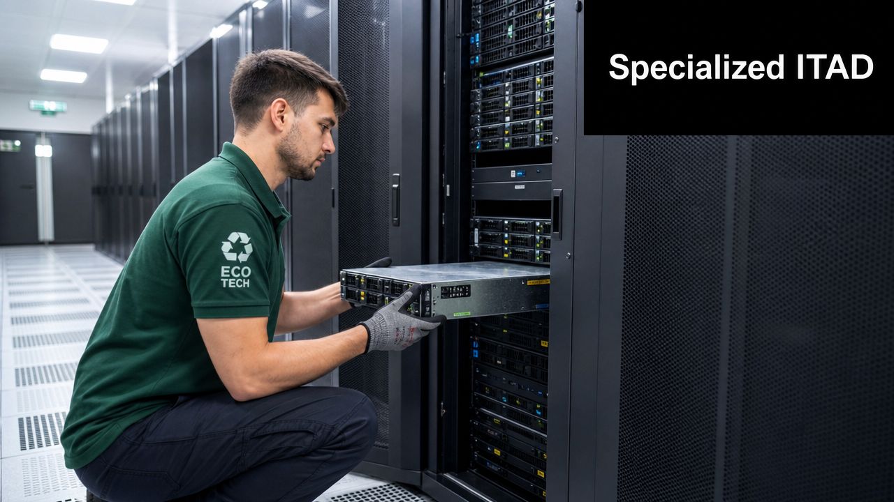 A professional IT technician in a green uniform removes a server unit from a data center rack.