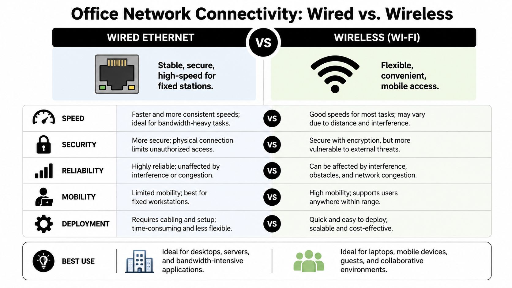 A comparison chart showing the key differences between wired ethernet and wireless Wi-Fi office network connectivity.