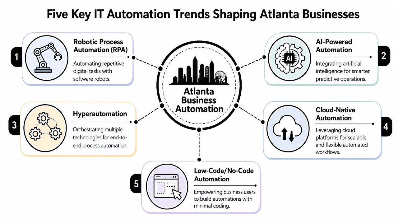 A diagram illustrating five key IT automation trends currently shaping businesses in Atlanta, Georgia.