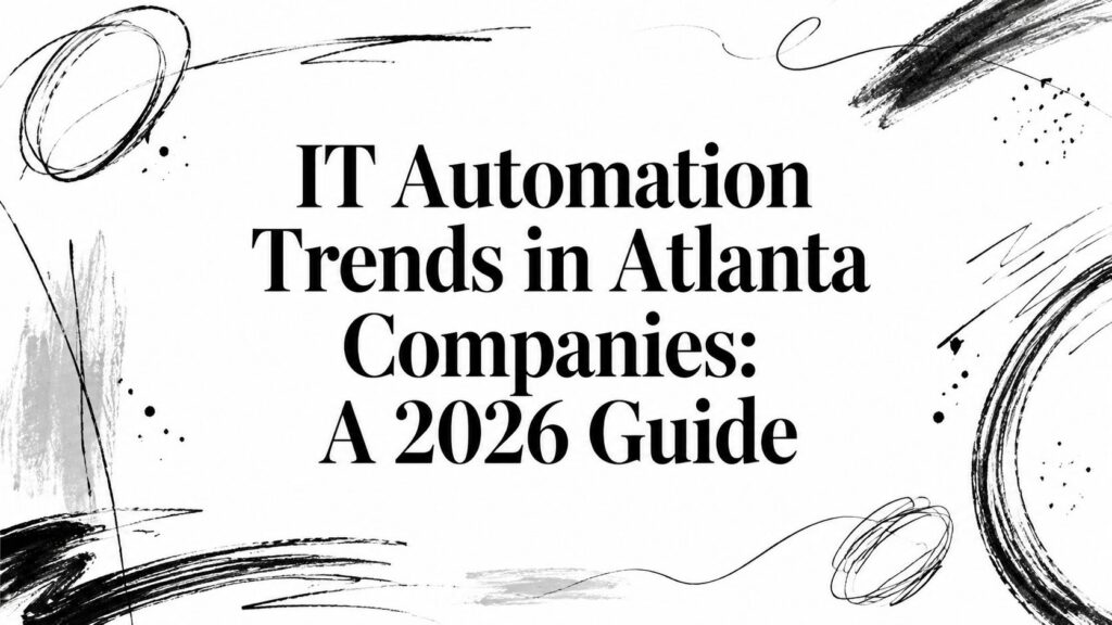 Text says "IT Automation Trends in Atlanta Companies: A 2026 Guide" on white with abstract art backdrop.
