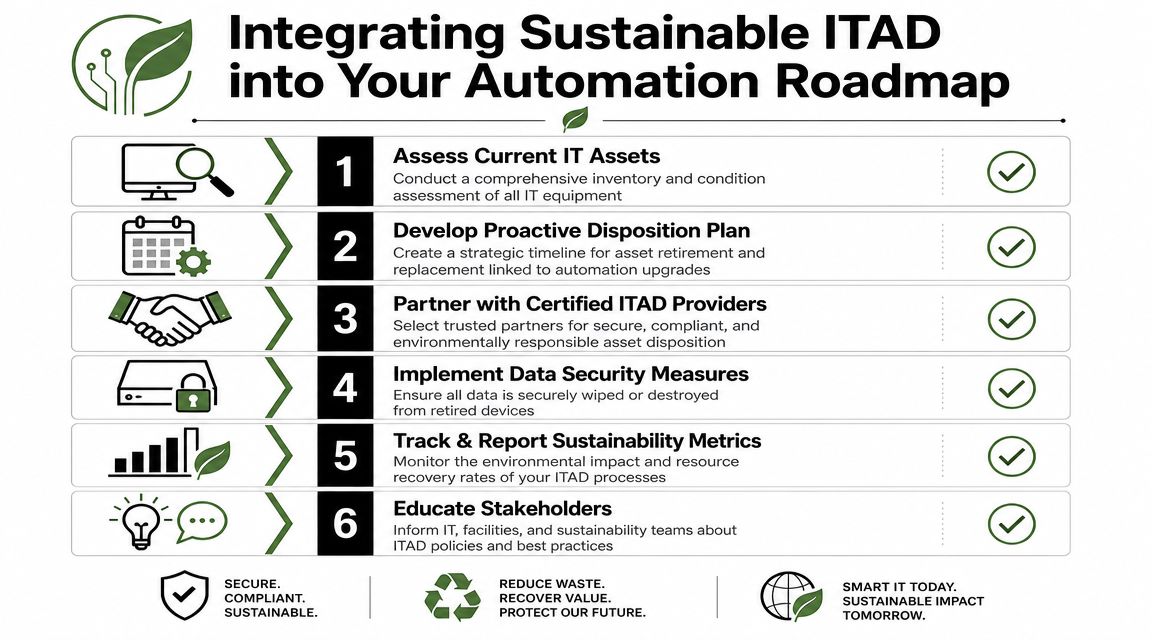 A six-step roadmap infographic for integrating sustainable IT asset disposition into corporate automation planning.