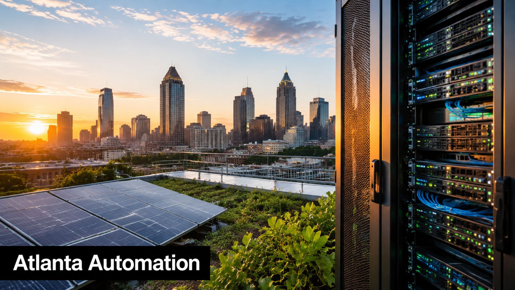 A server rack on a rooftop garden in Atlanta during sunset with solar panels in the foreground.