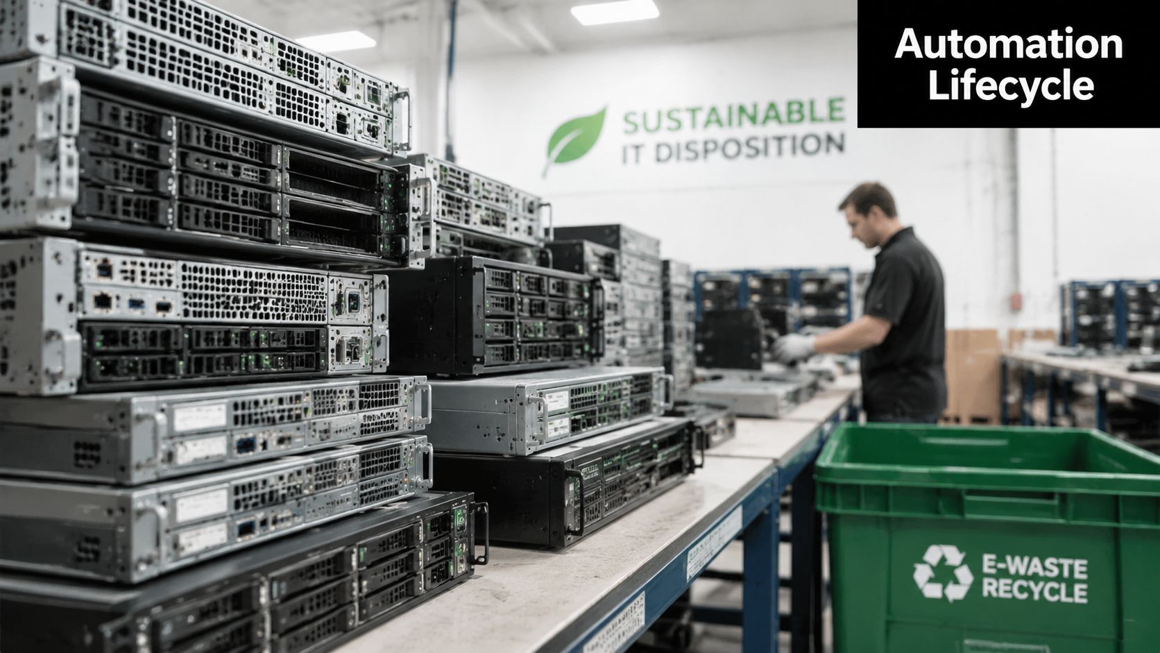 A technician processes old computer servers for sustainable IT disposition in a recycling facility warehouse.