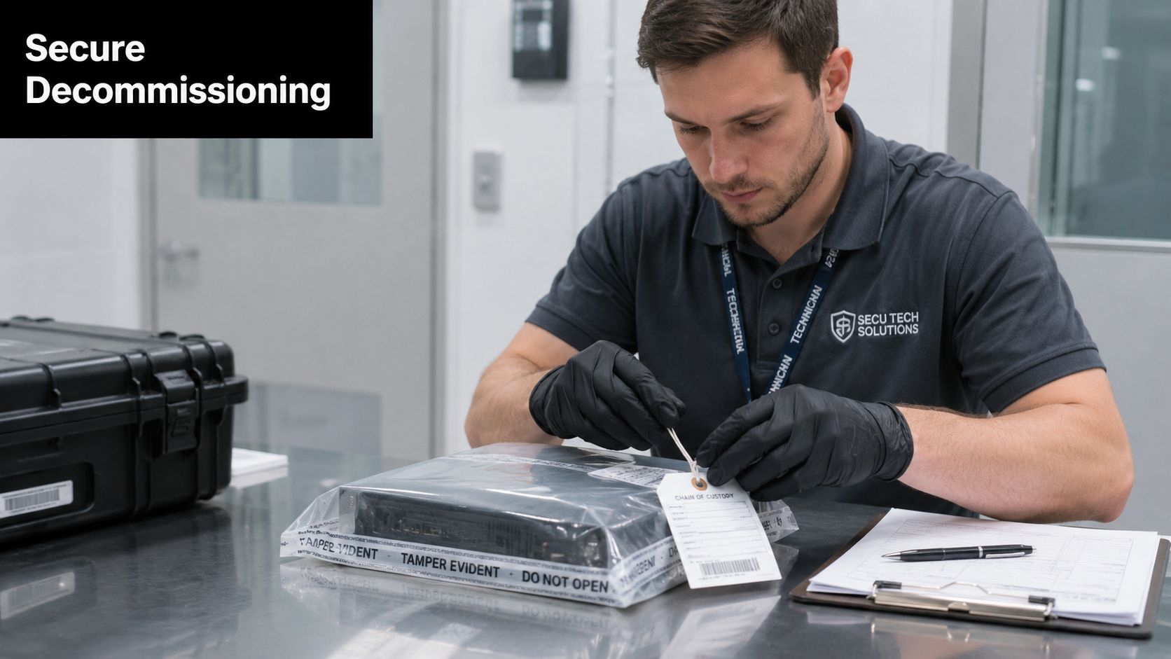 A technician wearing black gloves secures an IT hardware device inside a tamper-evident bag for transport.