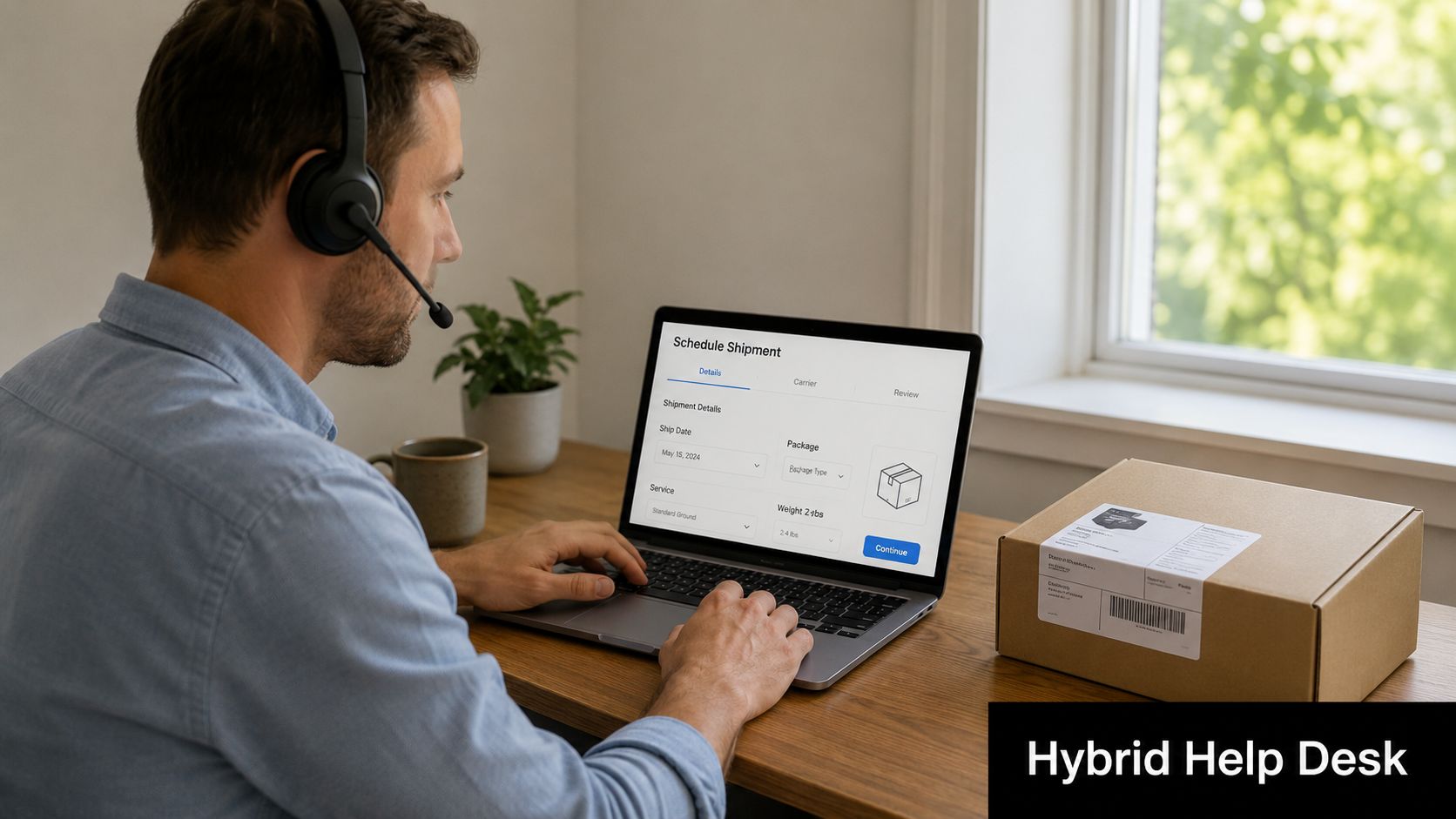 A professional with a headset working on a shipment schedule on a laptop at their desk.