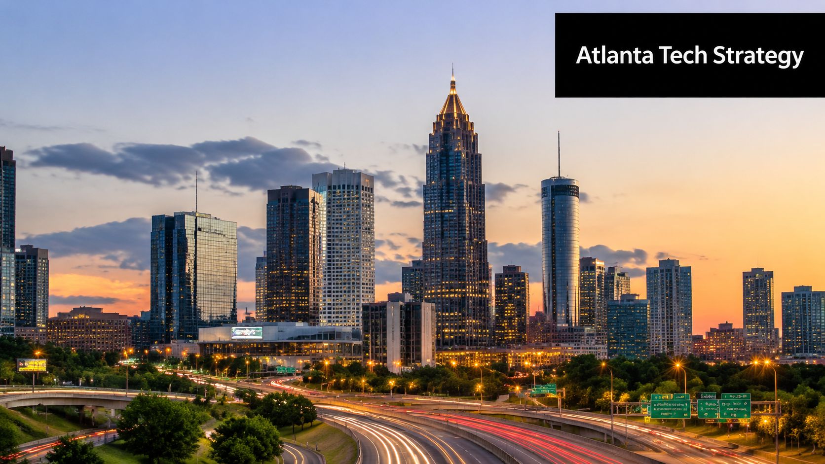 A scenic sunset view of the Atlanta downtown skyline with busy highway traffic flowing in the foreground.