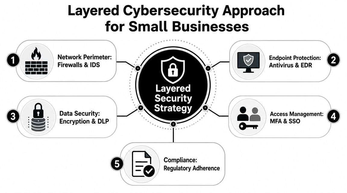 A diagram outlining a five-layered cybersecurity strategy specifically designed for small business protection and data safety.