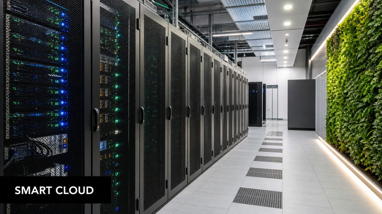 A modern data center featuring rows of server racks with blue and green indicator lights beside green plants.