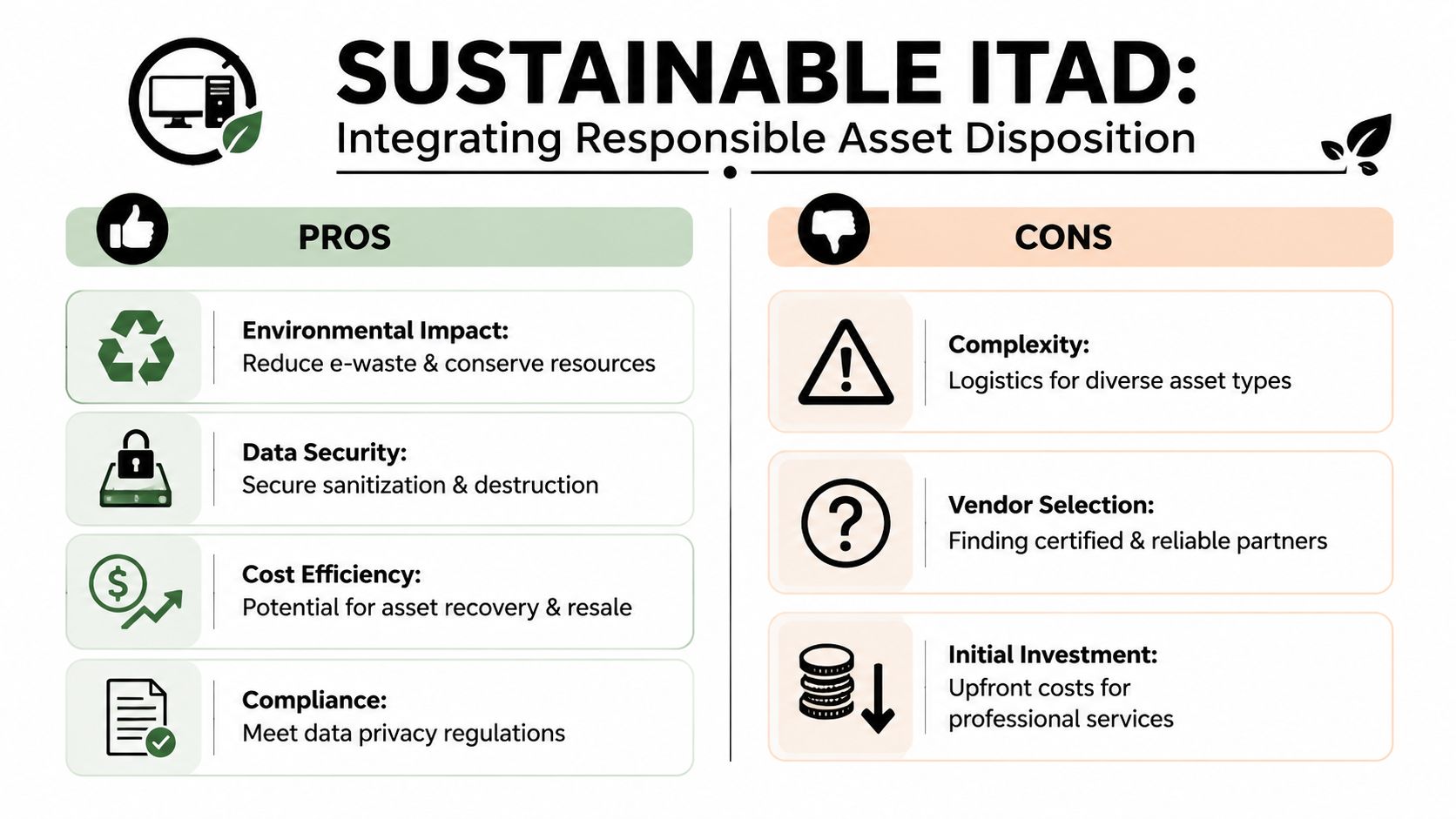 A visual comparison infographic outlining the environmental, security, and economic pros and cons of sustainable ITAD practices.