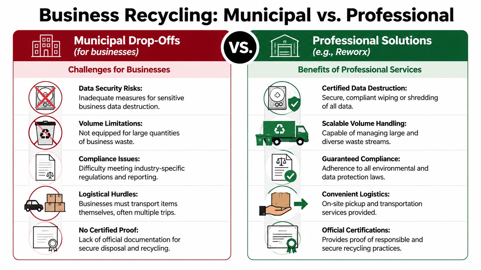 A comparison chart showing challenges of municipal recycling versus benefits of professional business recycling services.